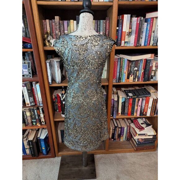 Sue Wong Nocturne Women Size 6 100% Nylon Metallic Silver Blue Sequin Dress Midi - Picture 2 of 7
